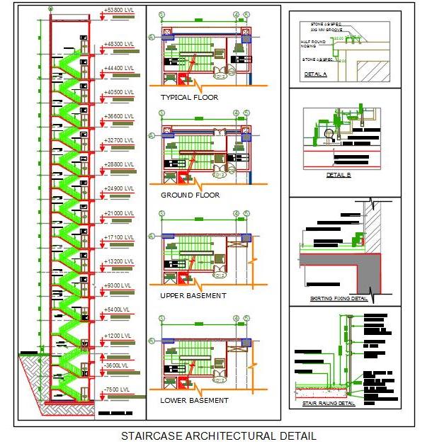 Multi-Storey Staircase Autocad Drawing with Railing & Nosing